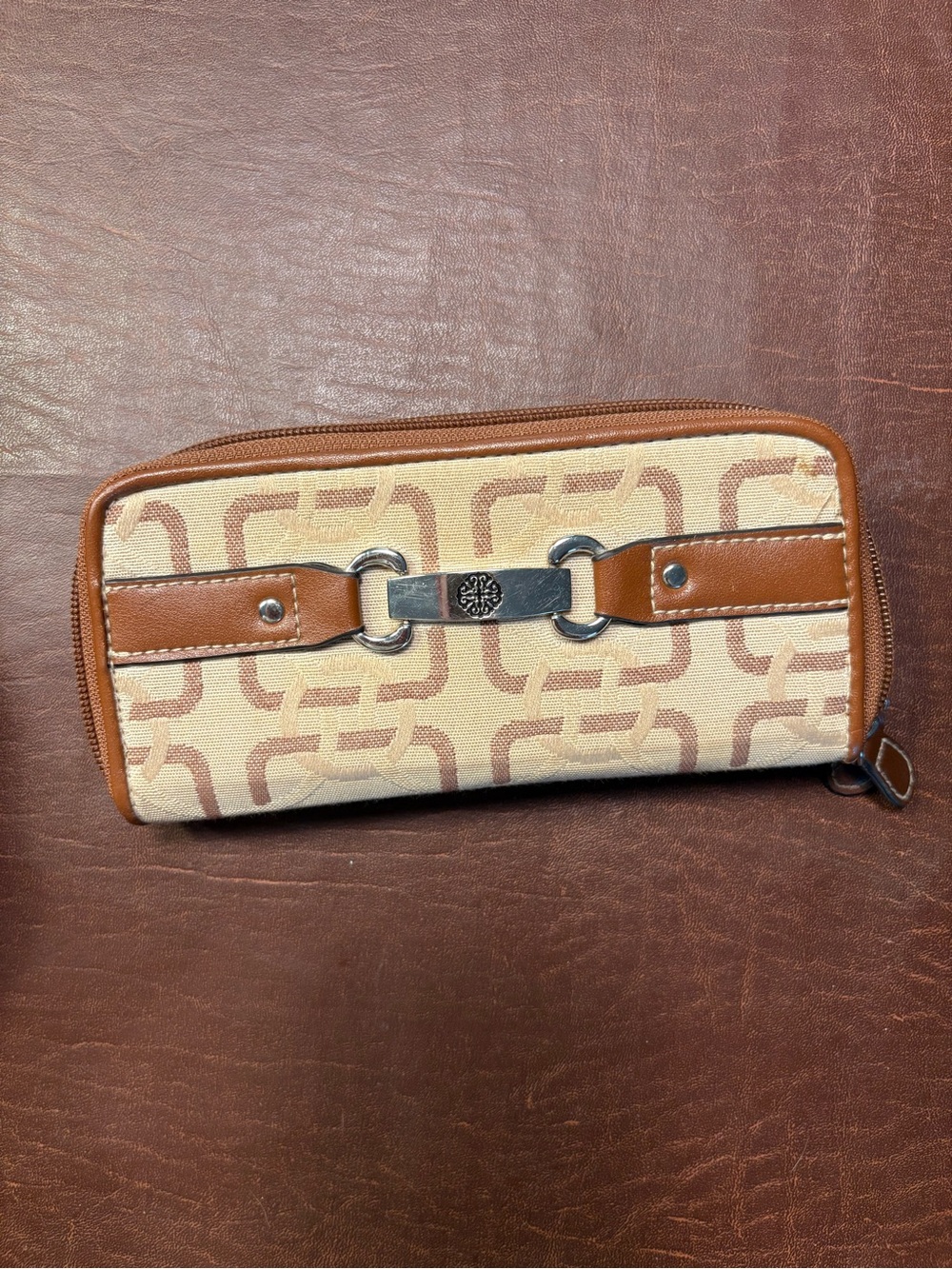 Neutral Geometric Canvas Wallet with Brown Trim